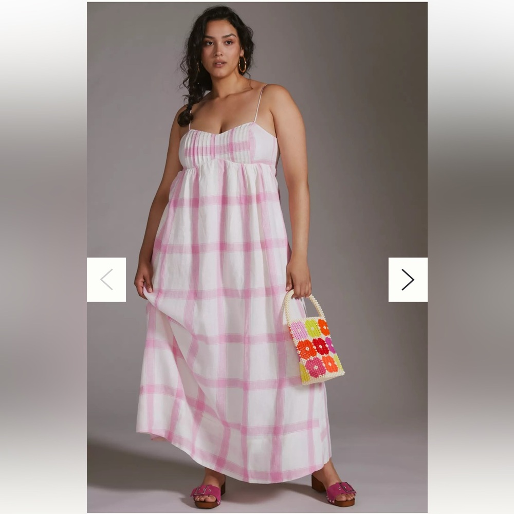 Anthropologie Maeve Pink and White Gingham Maxi Dress with Tie Back